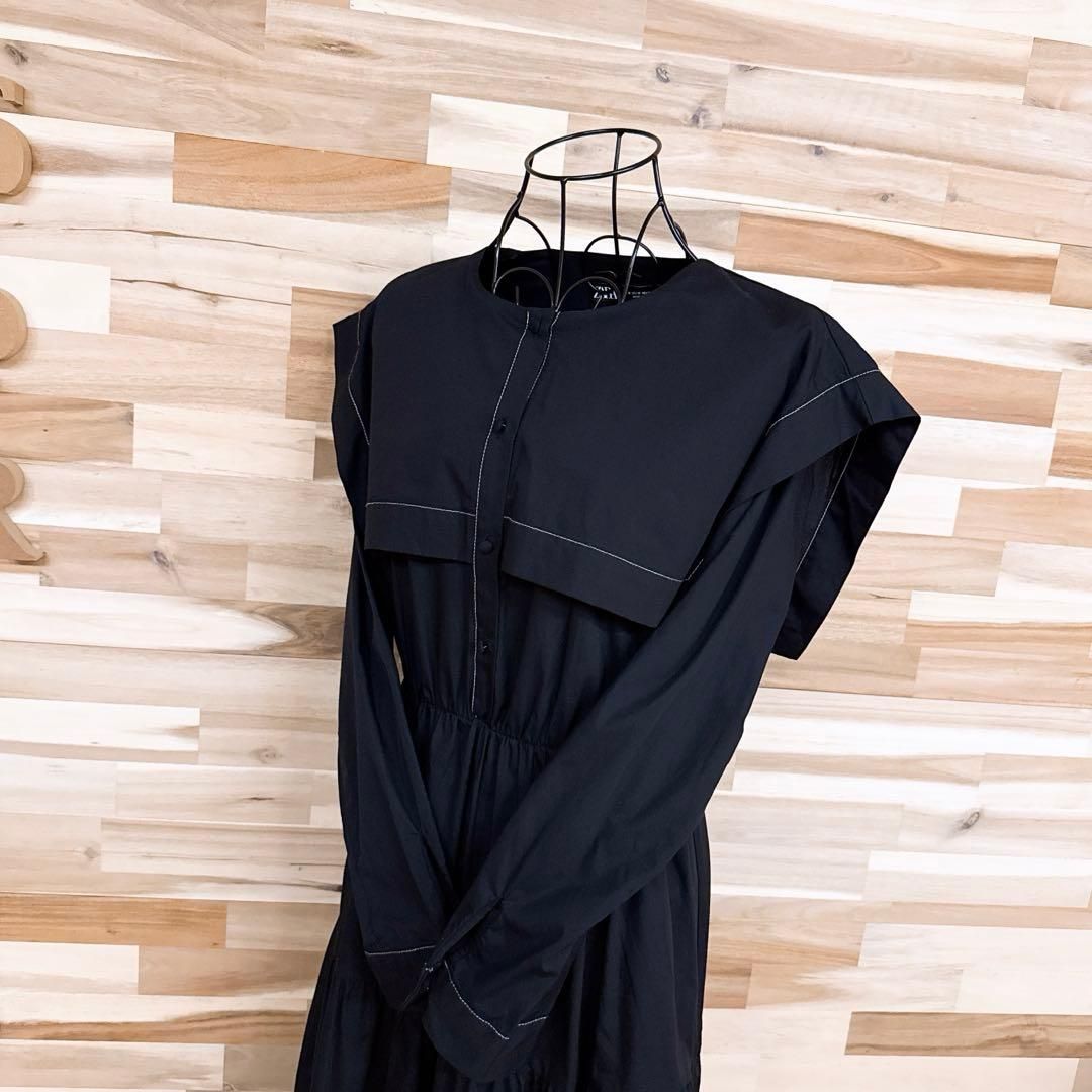 ザラ セーラー ロング ワンピース ティアード 刺繍ステッチ M黒×白