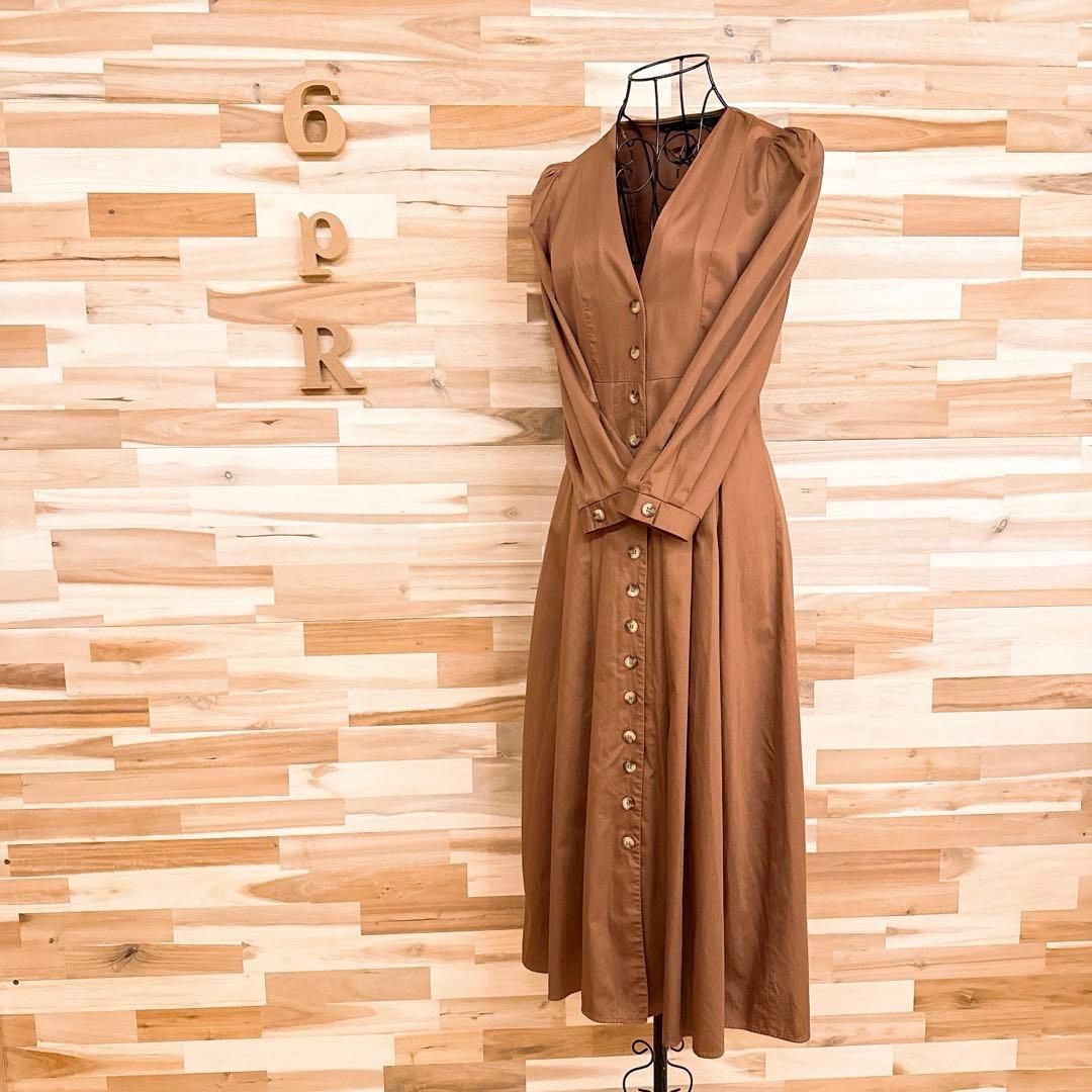 ザラ Vネック ロング プリーツ シャツ ワンピース XS茶ブラウン×ベージュ