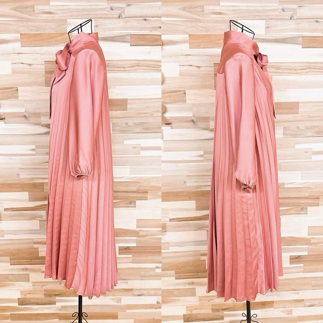  ザラ リボン タイ付き ゆったり プリーツ ワンピース Vネック XS ピンク 長袖 七分袖 ひざ丈ワンピース