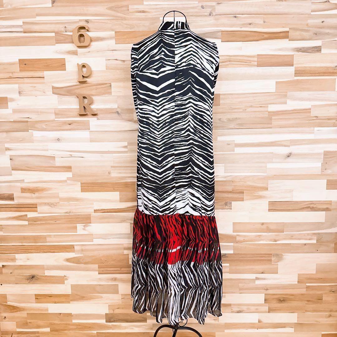  ザラ アニマル柄 ゼブラ ロング ワンピース 総柄 透け感 S 白×黒 長袖 七分袖 カットソーワンピース