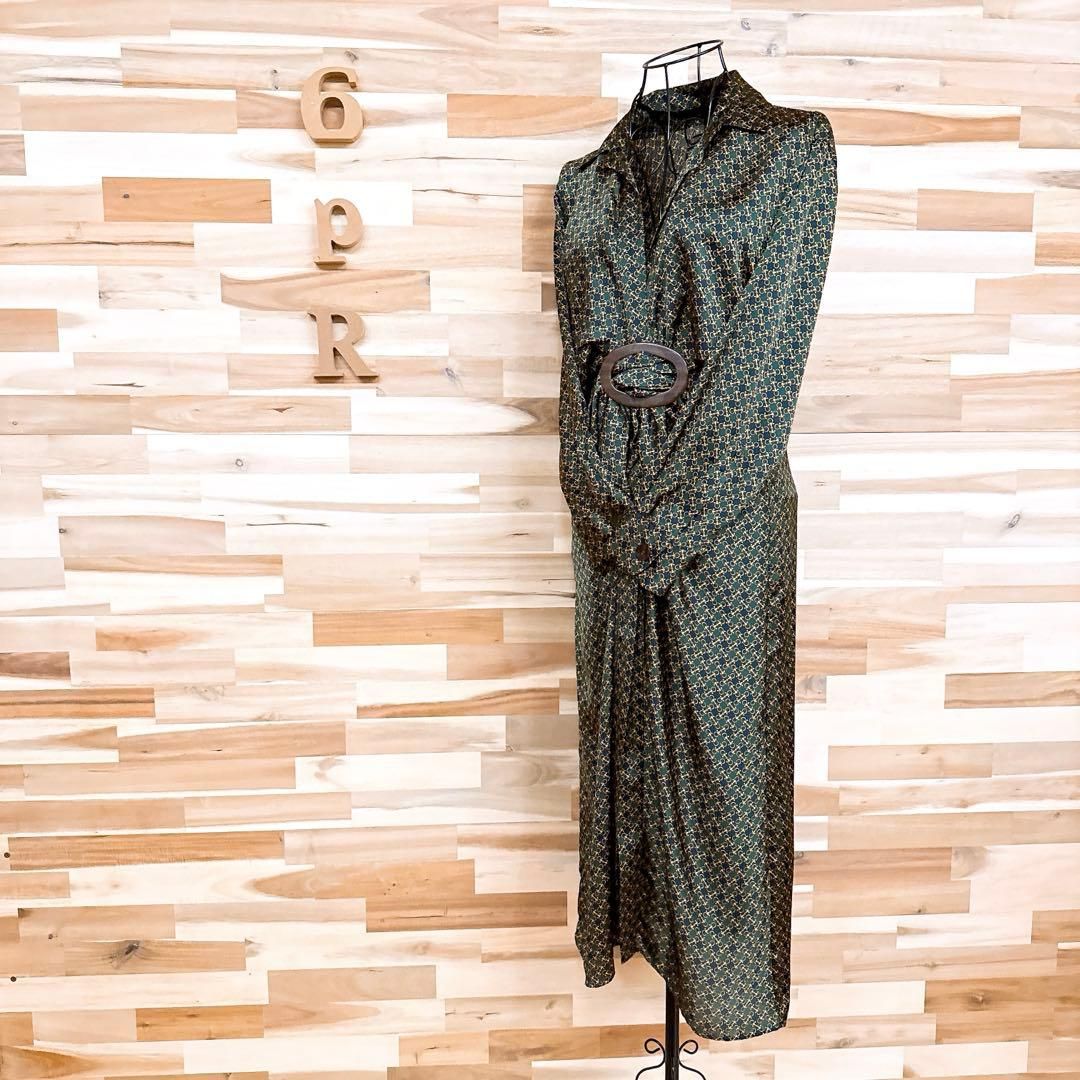 ザラ 格子柄×鎖柄 サークルベルト ロング ワンピース Vネック S 緑×紺