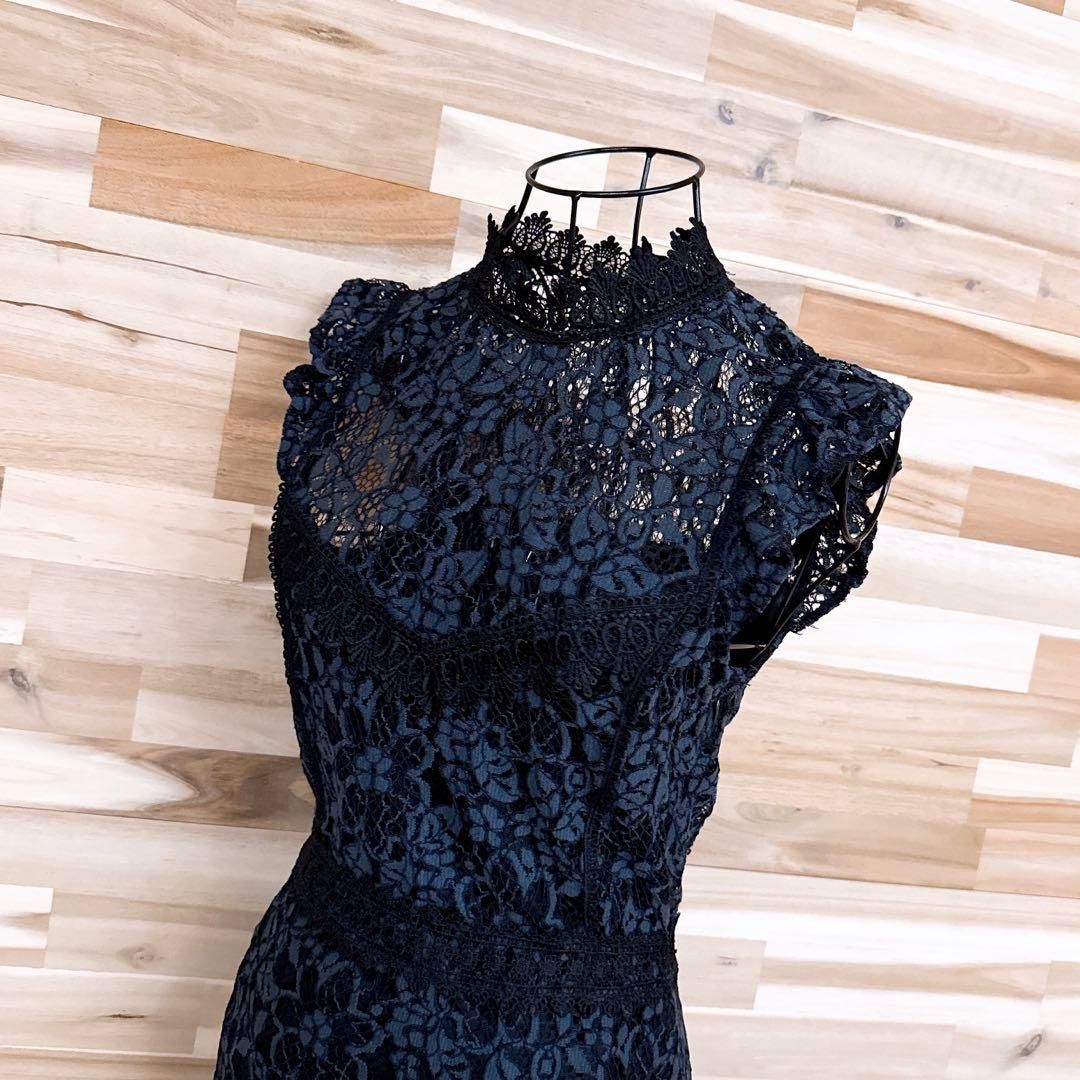 ザラ ノースリーブ 花柄フラワー 総レース ドレス ワンピース XS黒×緑