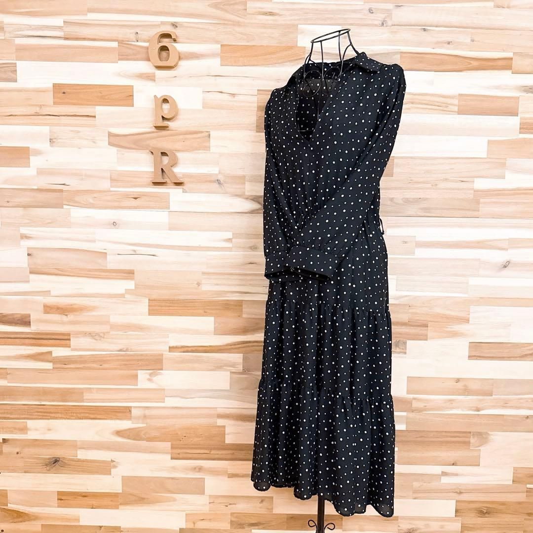 ザラ 水玉ドット柄 ロング ティアード ワンピース Vネック 長袖 M 黒 白