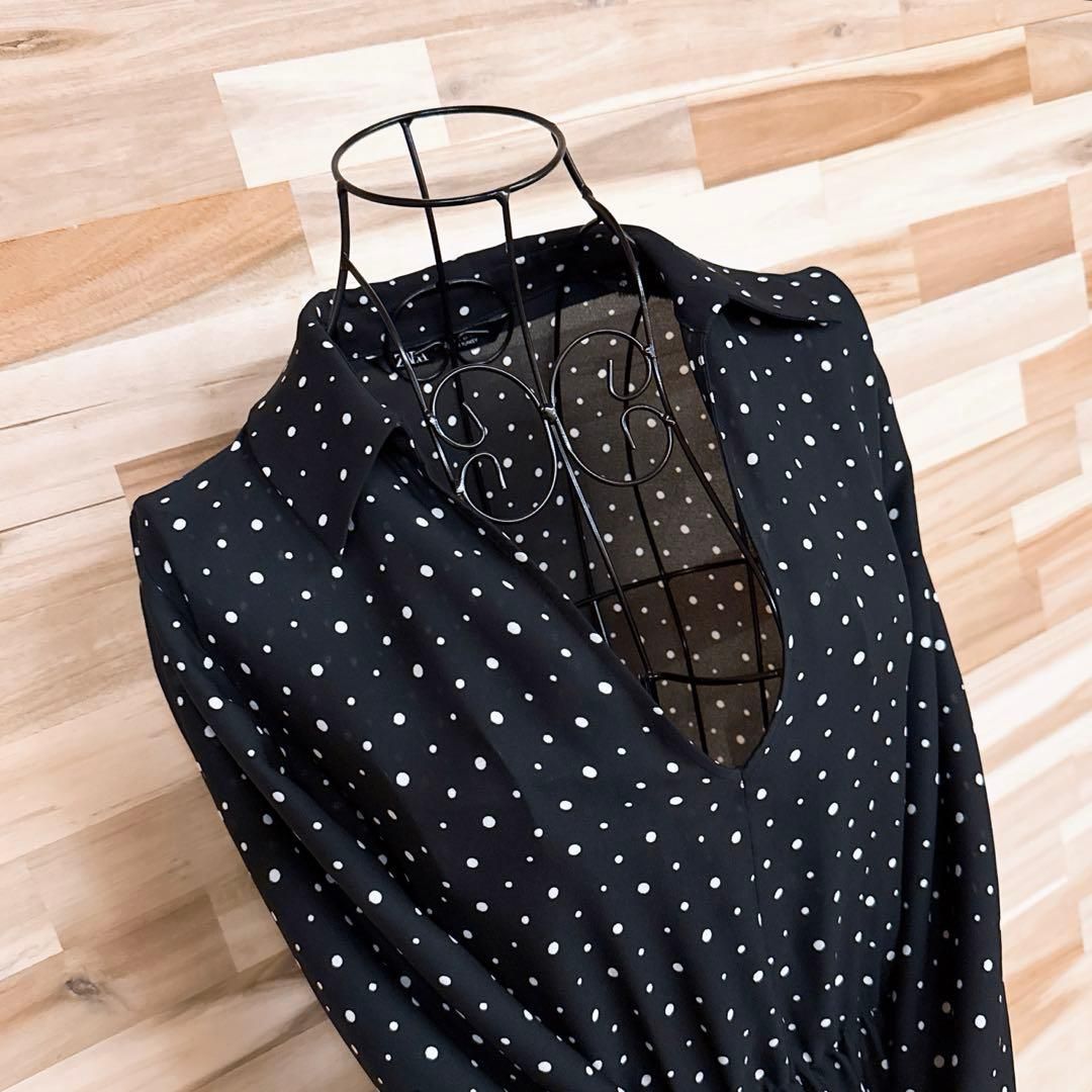  ザラ 水玉ドット柄 ロング ティアード ワンピース Vネック 長袖 M 黒 白 長袖 七分袖 カットソーワンピース