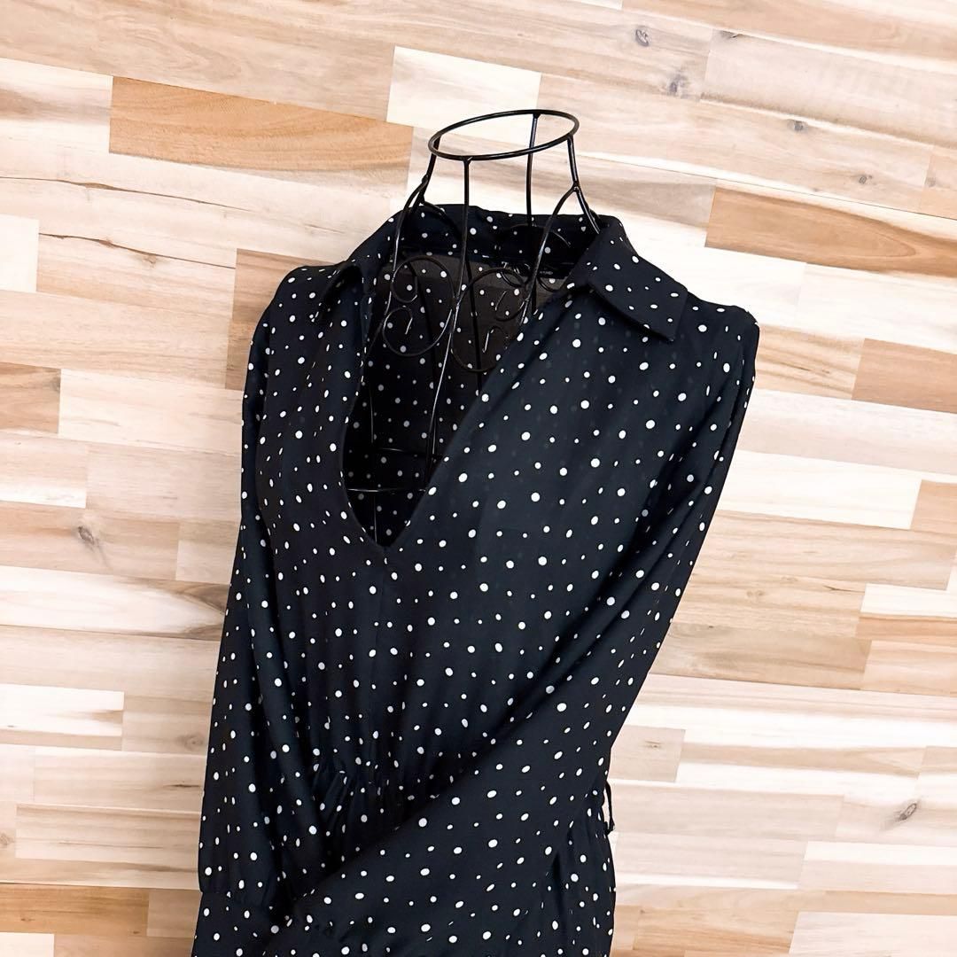 ザラ 水玉ドット柄 ロング ティアード ワンピース Vネック 長袖 M 黒×白