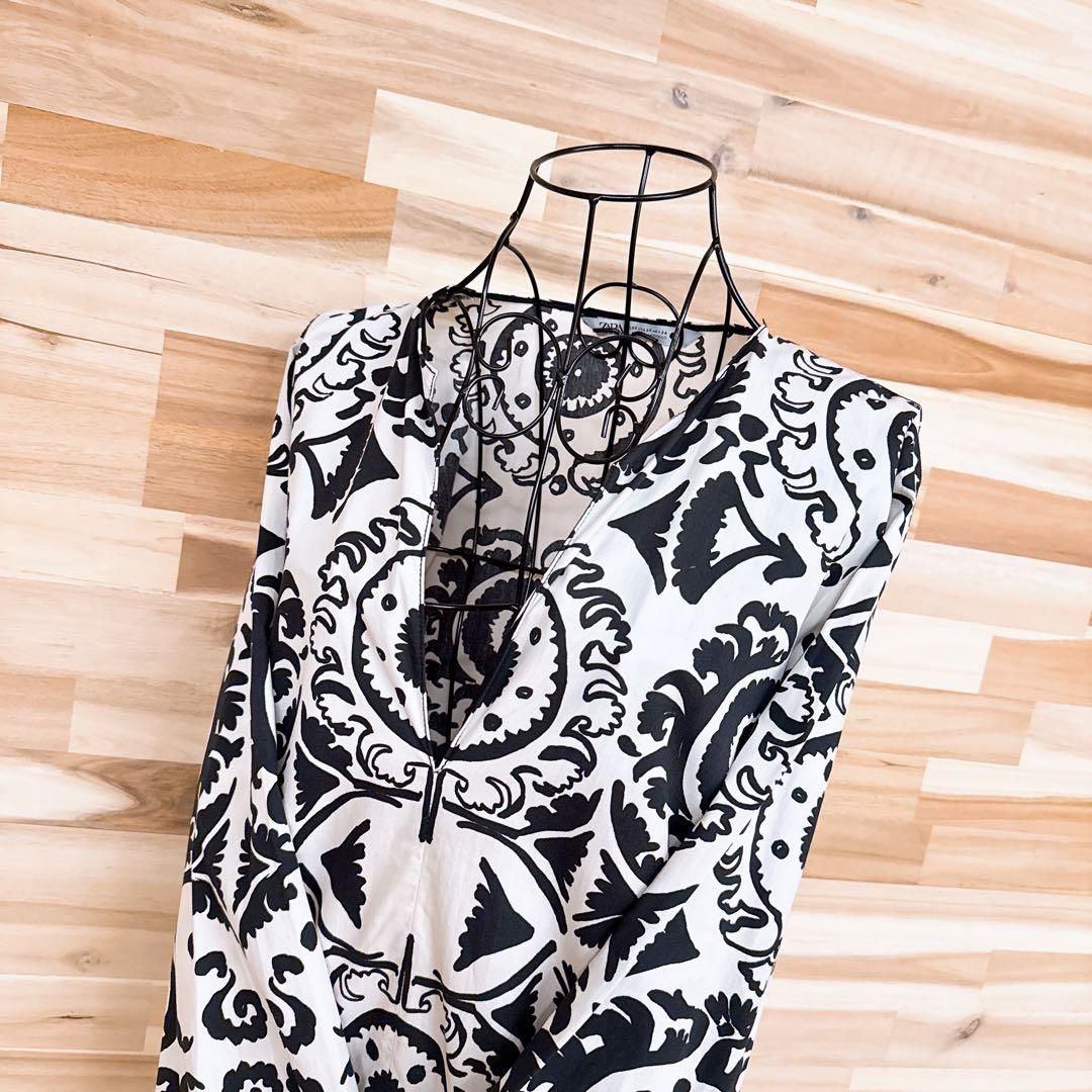 ザラ エスニック 民族柄 ロング ワンピース 総柄 モノトーン XS 白×黒