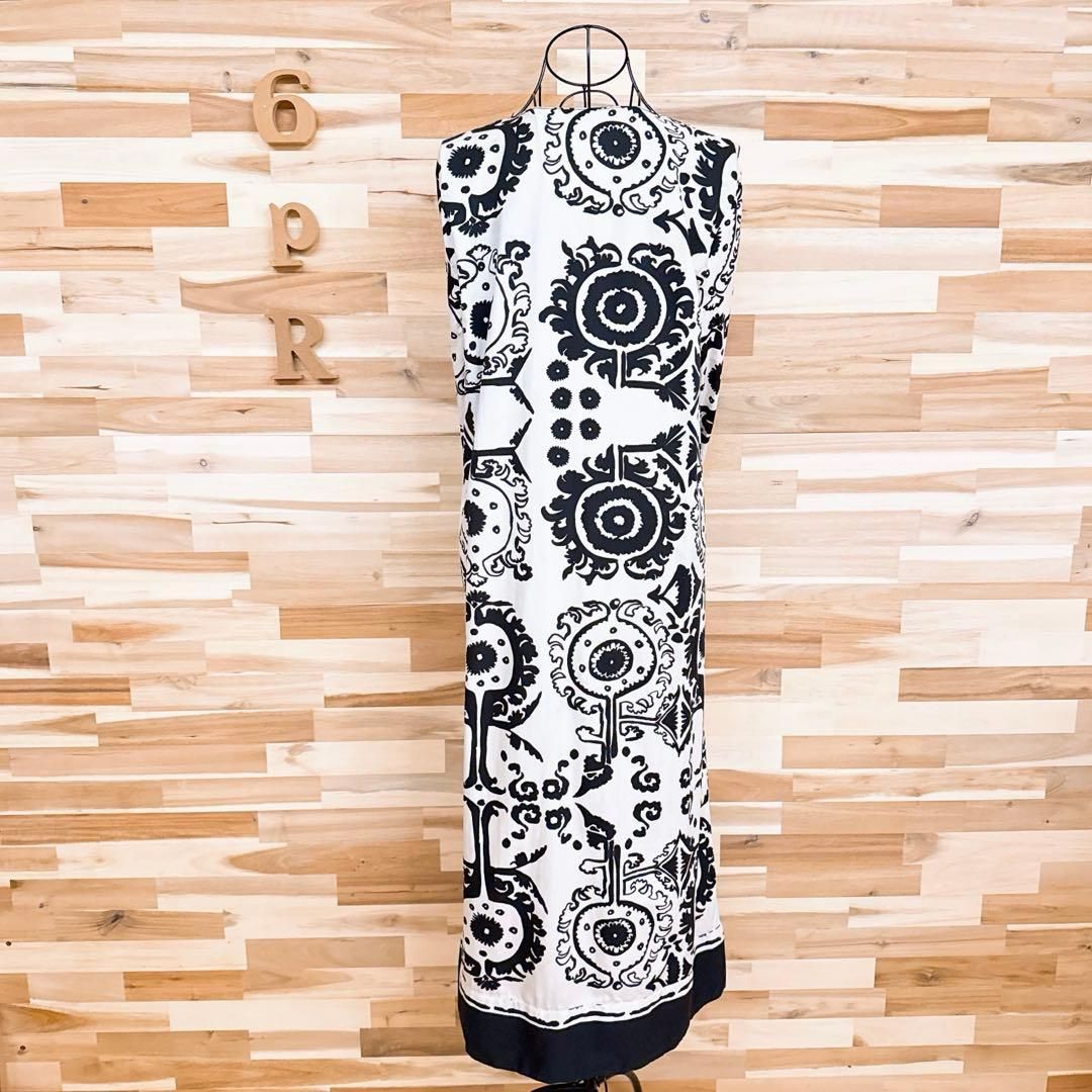  ザラ エスニック 民族柄 ロング ワンピース 総柄 モノトーン XS 白×黒 長袖 七分袖 カットソーワンピース