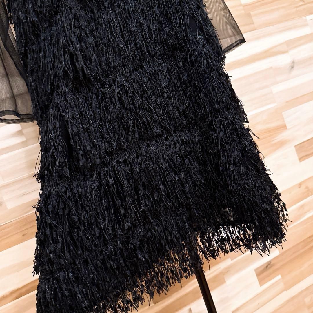  ザラ 透け感 シアー 異素材ドッキング チュール ドレス ワンピース L 黒 長袖 七分袖 ひざ丈ワンピース