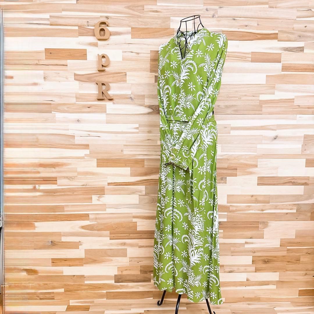 ザラ ジオメトリック ボタニカル フラワー ロング ワンピース 総柄 M緑 白