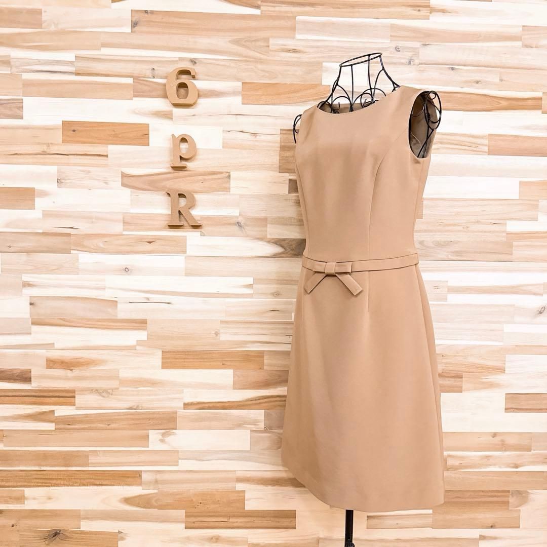 エムズグレイシー リボン ノースリーブ ドレス ワンピース M相当 ベージュ