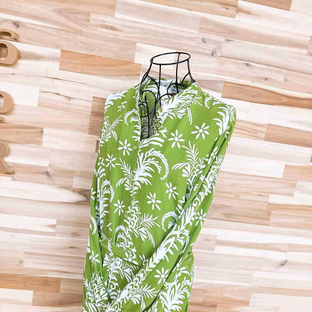 ザラ ジオメトリック ボタニカル フラワー ロング ワンピース 総柄 M緑×白