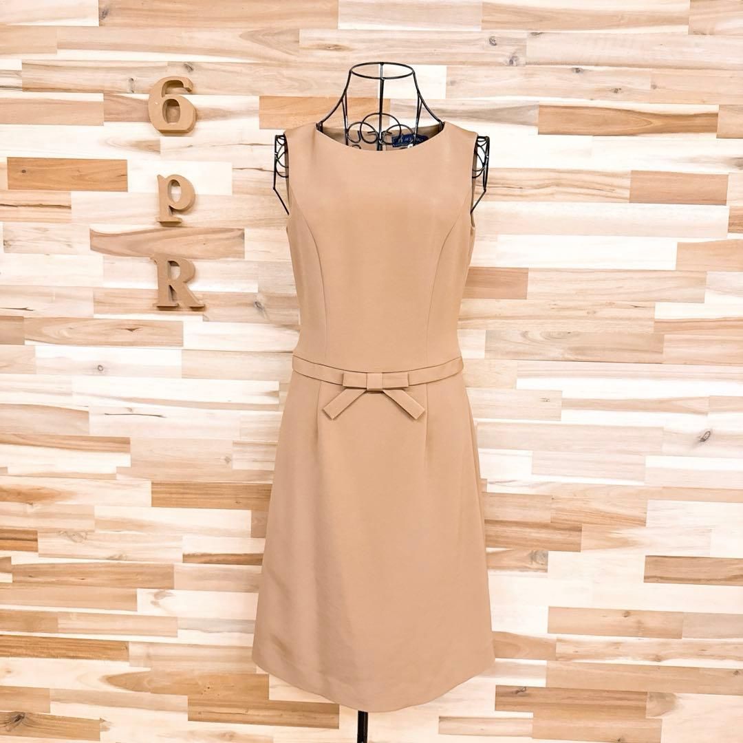  エムズグレイシー リボン ノースリーブ ドレス ワンピース M相当 ベージュ ノースリーブ ひざ丈ワンピース