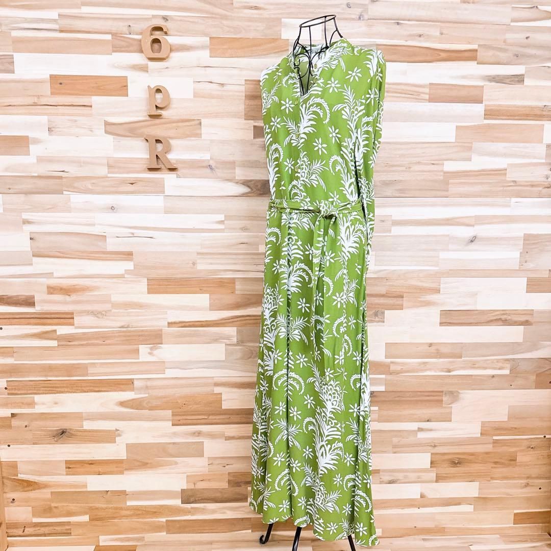  ザラ ジオメトリック ボタニカル フラワー ロング ワンピース 総柄 M緑 白 長袖 七分袖 カットソーワンピース