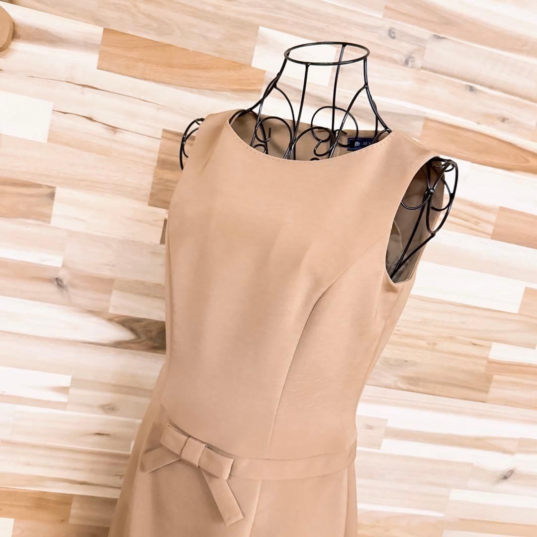 エムズグレイシー リボン ノースリーブ ドレス ワンピース M相当 ベージュ