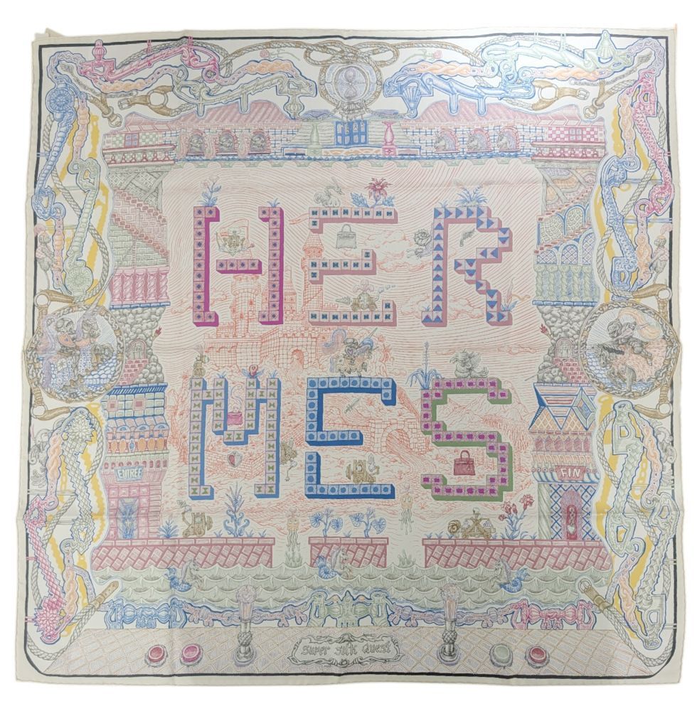 HERMES エルメス カレ90 シルク100％ SUPER SILK QUEST スーパー シルク クエスト ストール スカーフ アイボリー ピンク レディース ショール お洒落