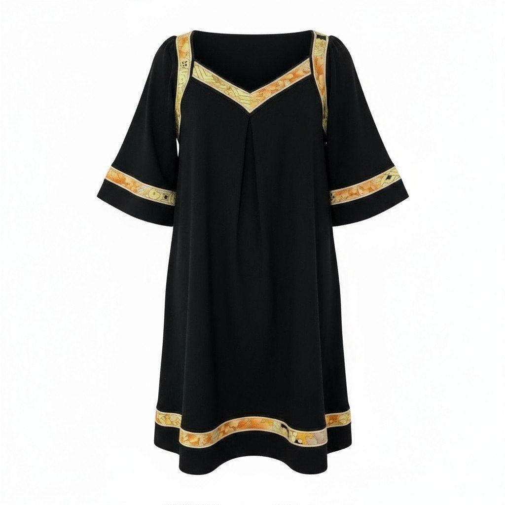 38k16 LEONARD レオナール 五分袖ワンピース フ ワンピース 膝丈 スクエアVネック 42サイズ ブラック レディースu02t