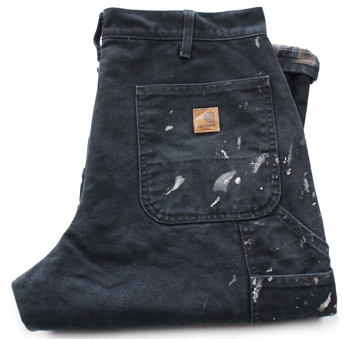 メキシコ製 carharttカーハート ペンキ飛び チェック ネルライナー ダック地 ペインターパンツ 黒 フェード W34 L34★ボロ ワーク ロガー