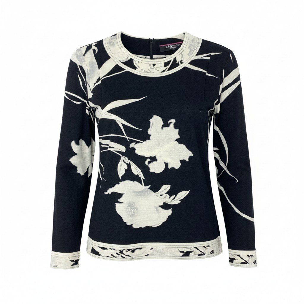 38k16 LEONARD レオナール 長袖カットソー クルーネック 花柄 0369114 Mサイズ ブラック アイボリー レディースu02t