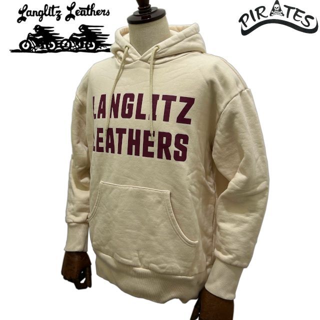 LANGLITZ LEATHERS ラングリッツレザー ヘビーウェイト フーデッドスウェットシャツ プルオーバーパーカー Type LL301 ボディ オフホワイト プリント バーガンディ