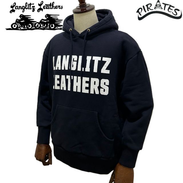 ラングリッツレザー ヘビーウェイト フーデッドスウェットシャツ プルオーバーパーカー Type LL 301 ボディ ネイビー プリント ホワイト