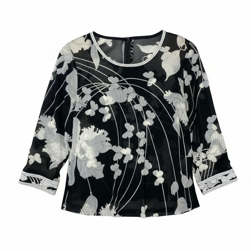 38k16 LEONARD レオナール 長袖カットソー カンカン素材 クルーネック 蝶々 花柄 0199523 LLサイズ ブラック ホワイト レディースu02t