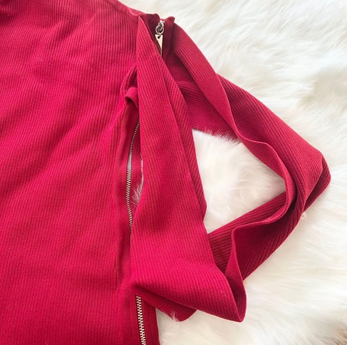  エリザベッタフランキ ワンショルダー リブニットワンピース 40 レッド セーター 長袖 七分袖 ミニワンピース