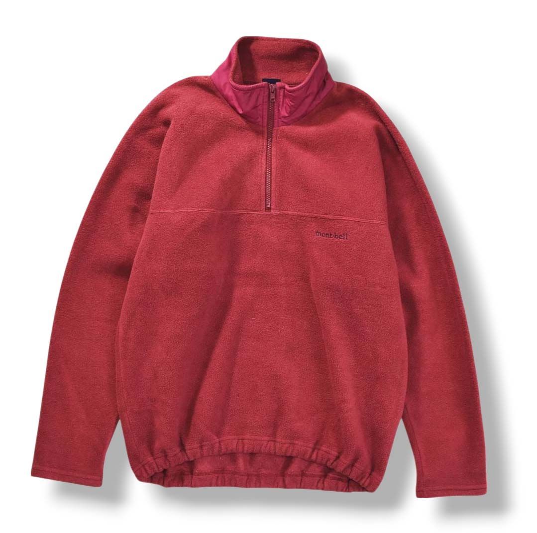 90s ヴィンテージ モンベル montbell ハーフジップ フリース ジャケット ロゴ入り ラグランスリーブ M ボルドー アウトドア カジュアル ウェア タウンユース レジャー メンズ