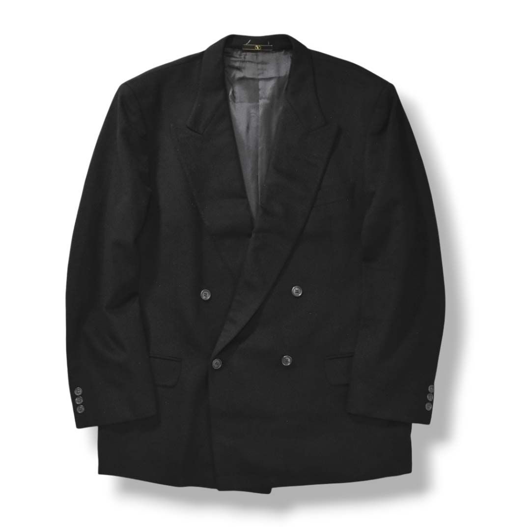 上質 80s 90s ヴィンテージ イタリア製 ヴァレンティノ ガラヴァーニ VALENTINO GARAVANI カシミヤ ウール ダブル テーラード ジャケット ブレザー ピークドラペル ノーベント 総裏地 総柄 54REG XL相当 ネイビー メンズ