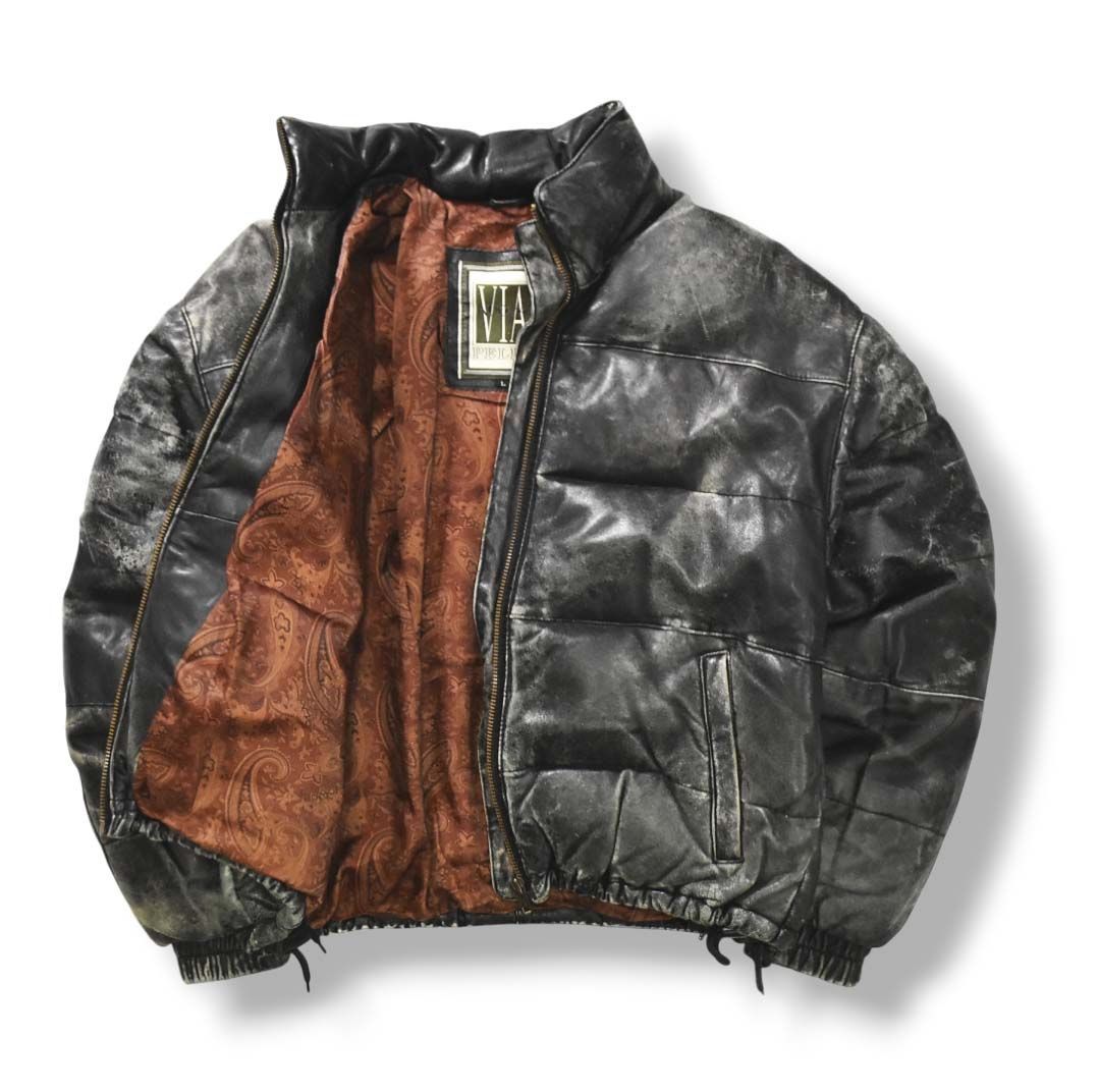 こなれた風合い 90sヴィンテージ NUOVA VIA PELLE シープスキンレザー ダウンジャケット アウター ブルゾン ジャンパー L ブラック メンズ