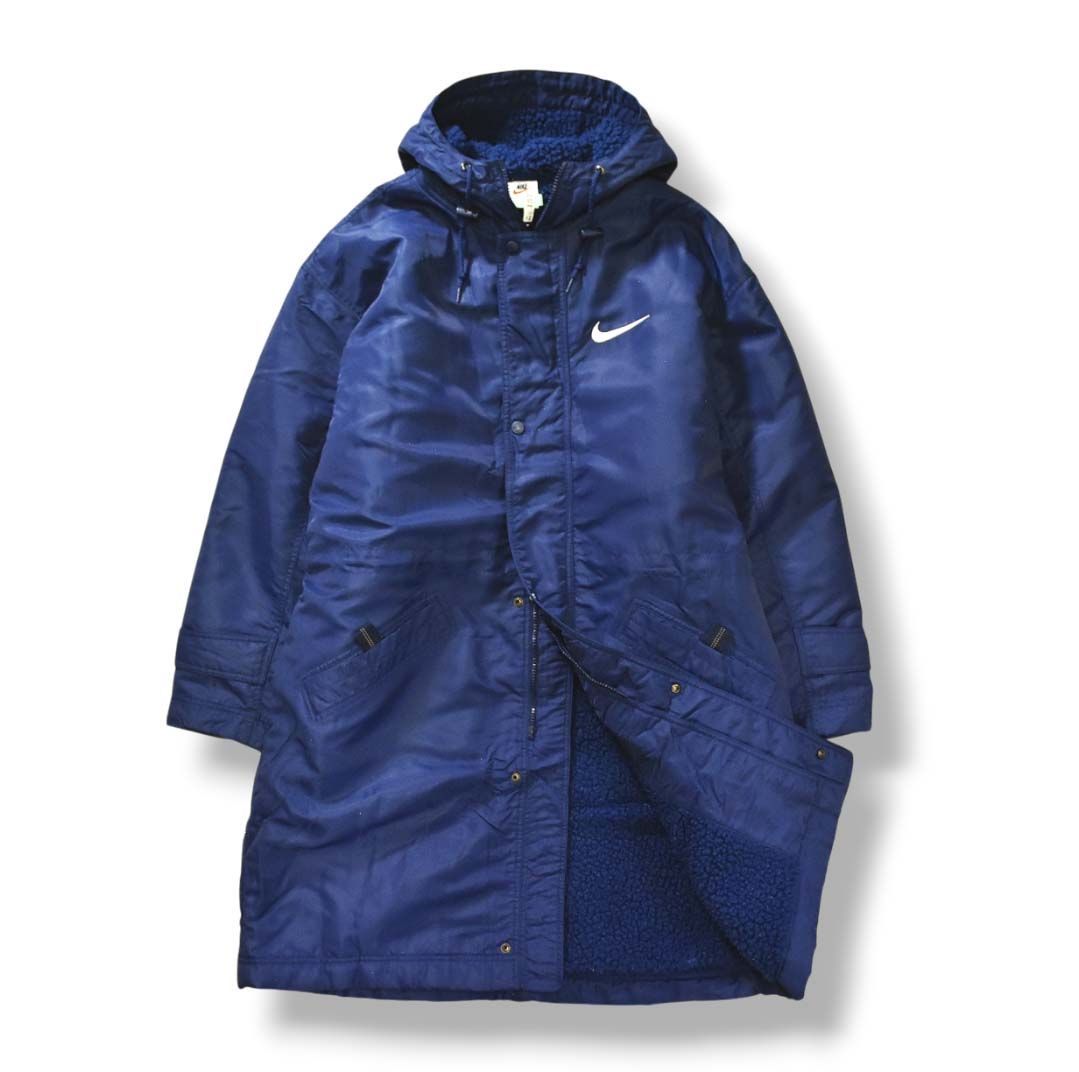 銀タグ 90sヴィンテージ ナイキ NIKE バックロゴ 裏フリース ナイロン フーデッド ベンチコート フーディー パーカー ジャケット アウター M ネイビー メンズ