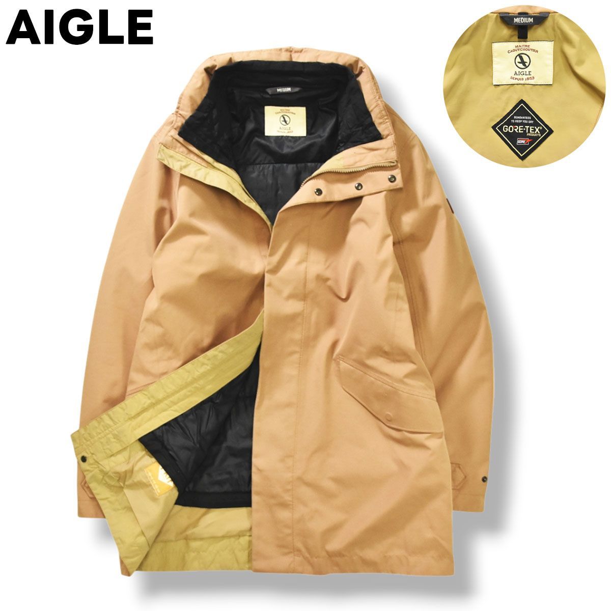 エーグル AIGLE ゴアテックス GORETEX マウンテンパーカー フーデット ジャケット 中綿 ライナー パーテックス PERTEX M ベージュ x ブラック メンズ