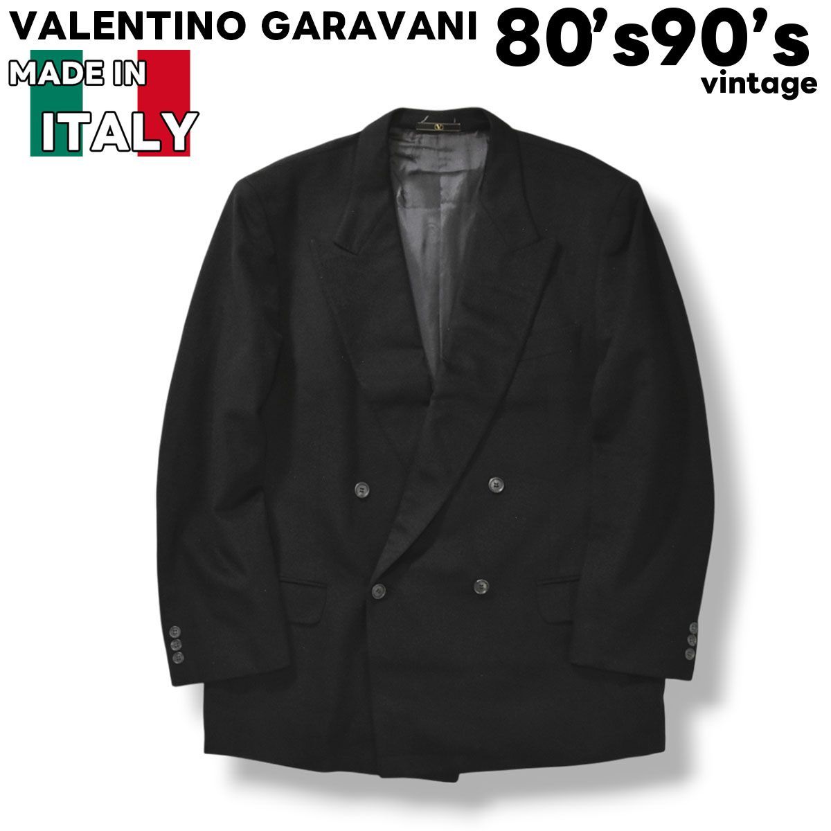 上質 80s 90s ヴィンテージ イタリア製 ヴァレンティノ ガラヴァーニ VALENTINO GARAVANI カシミヤ ウール ダブル テーラード ジャケット ブレザー ピークドラペル ノーベント 総裏地 総柄 54REG XL相当 ネイビー メンズ