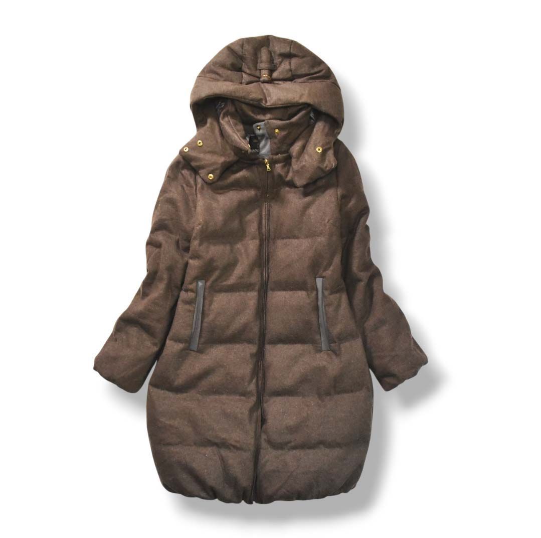 ナノユニバース nano universe x 東京西川 TOKYO NISHIKAWA 西川ダウン フード付き 2way ロング ダウン ジャケット 36 M相当 ブラウン レディース