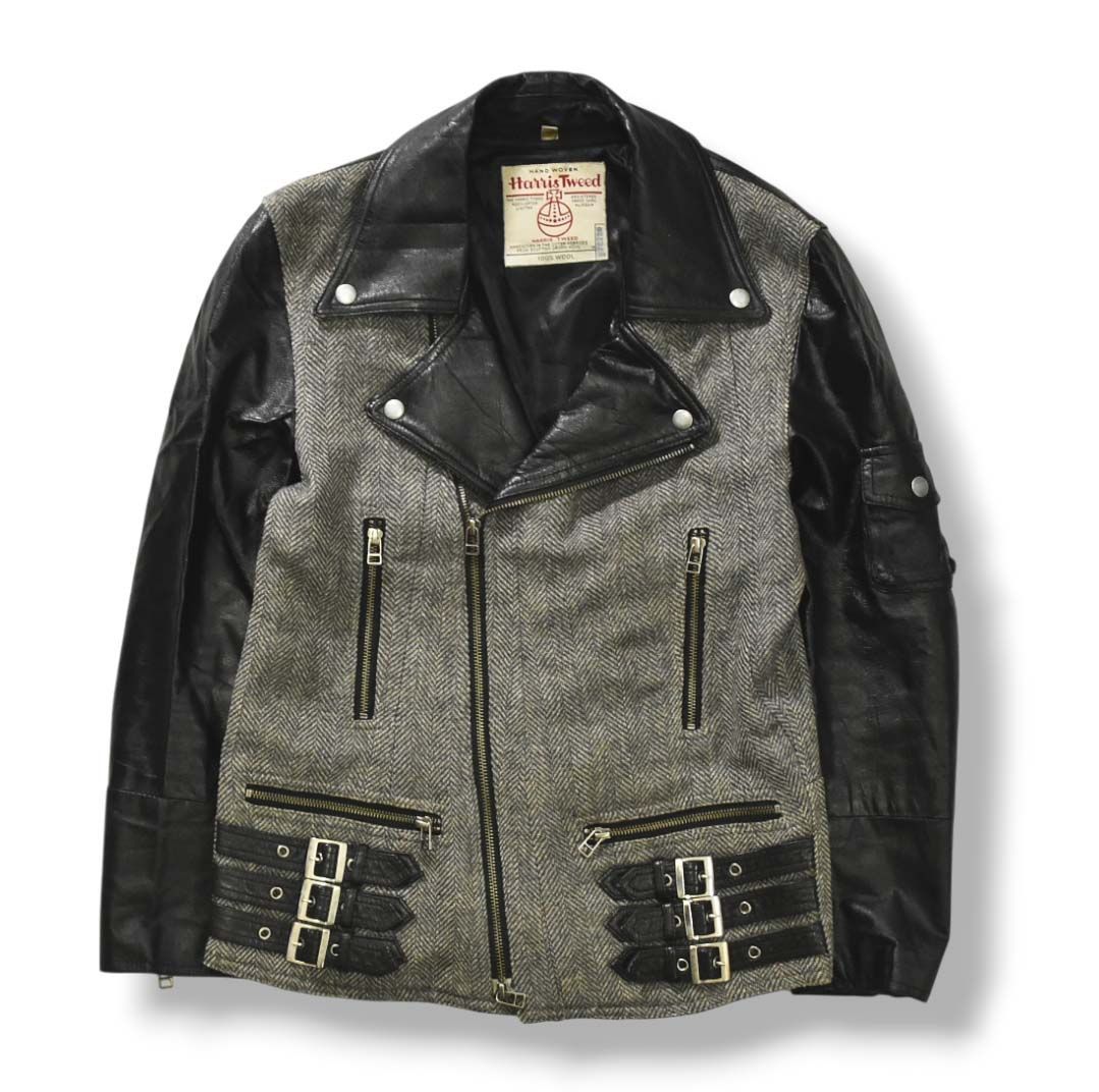 90s ヴィンテージ ハリスツイード Harris Tweed 本革 x ツイード ウール 切替 ダブル ライダース ジャケット ブルゾン ジャンパー M ブラック x ヘリンボーン グレー メンズ