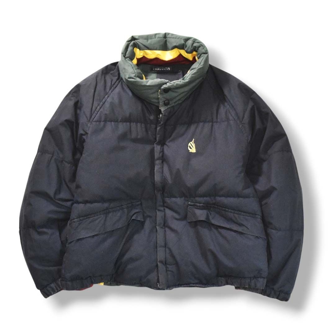 90s ヴィンテージ 小文字タグ ノーティカ nautica リバーシブル ダウン ジャケット ラグランスリーブ クレイジーパターン M ネイビー x マルチ メンズ