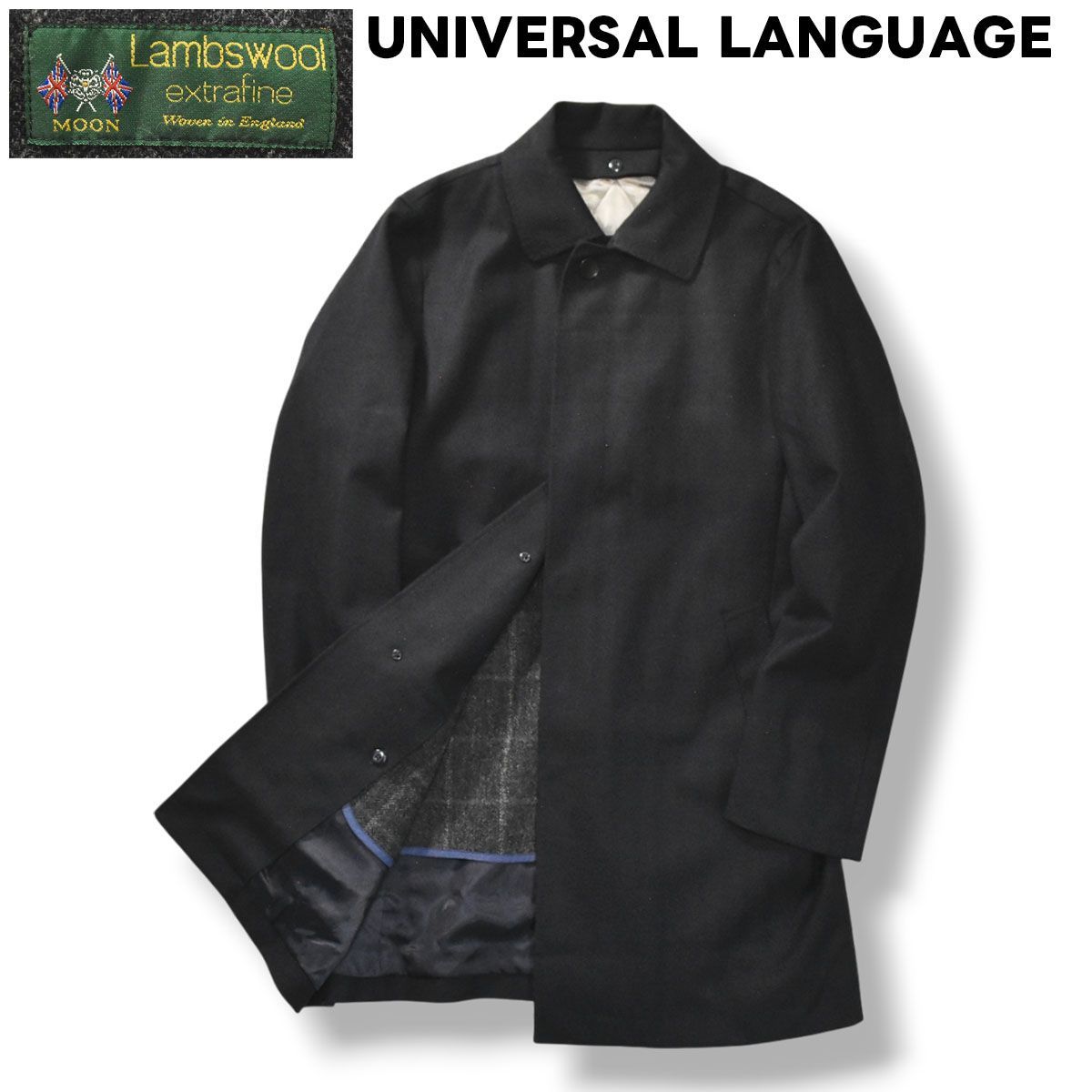 ユニバーサル ランゲージ UNIVERSAL LANGUAGE カシミヤ混 メルトン ステン コート センターベント 総裏地 比翼 キルティング ライナー 付属 ムーン ラムウール MOON Lambs wool 使用 L ネイビー メンズ