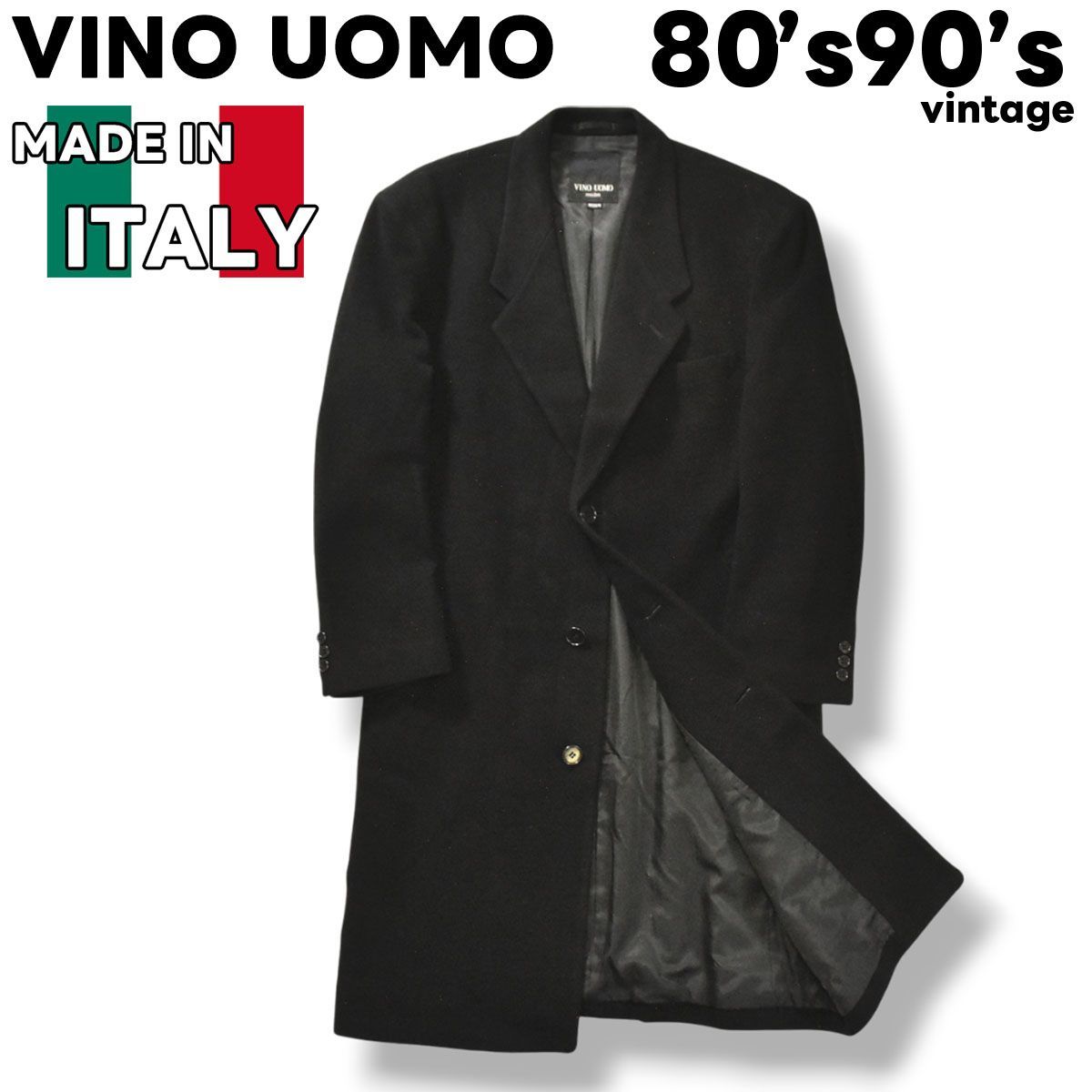 80s 90s ヴィンテージ ヴィーノウォモ VINO UOMO PIELLE イタリア製 カシミヤ混 ウール チェスターコート ノーベント ノッチドラペル 総裏地 M ブラック メンズ