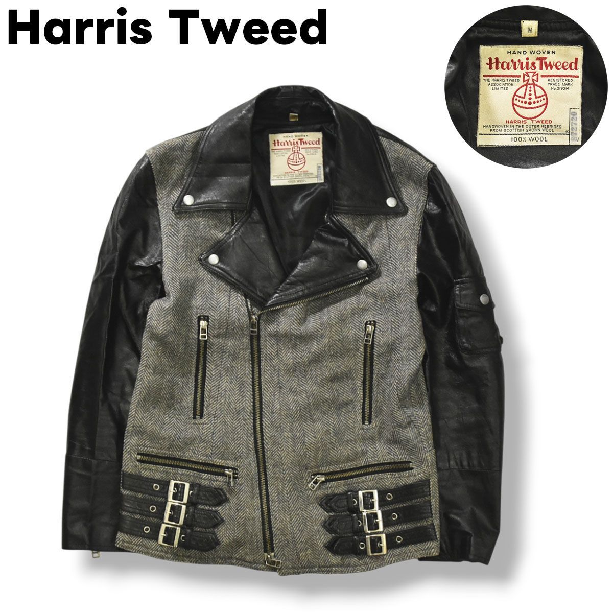 90s ヴィンテージ ハリスツイード Harris Tweed 本革 x ツイード ウール 切替 ダブル ライダース ジャケット ブルゾン ジャンパー M ブラック x ヘリンボーン グレー メンズ