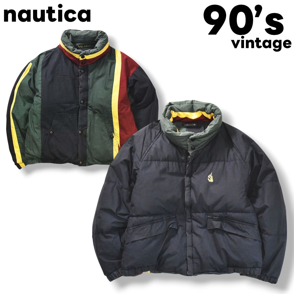90s ヴィンテージ 小文字タグ ノーティカ nautica リバーシブル ダウン ジャケット ラグランスリーブ クレイジーパターン M ネイビー x マルチ メンズ
