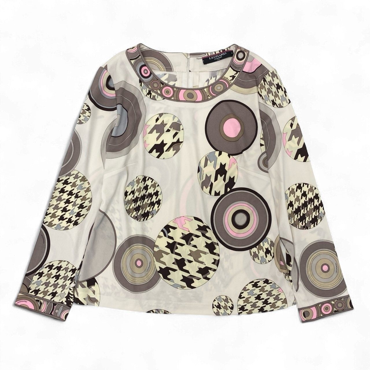 38k19 LEONARD レオナール 長袖カットソー カンカン素材 総柄 クルーネック トップス 0179503 Lサイズ マルチ レディースu02t