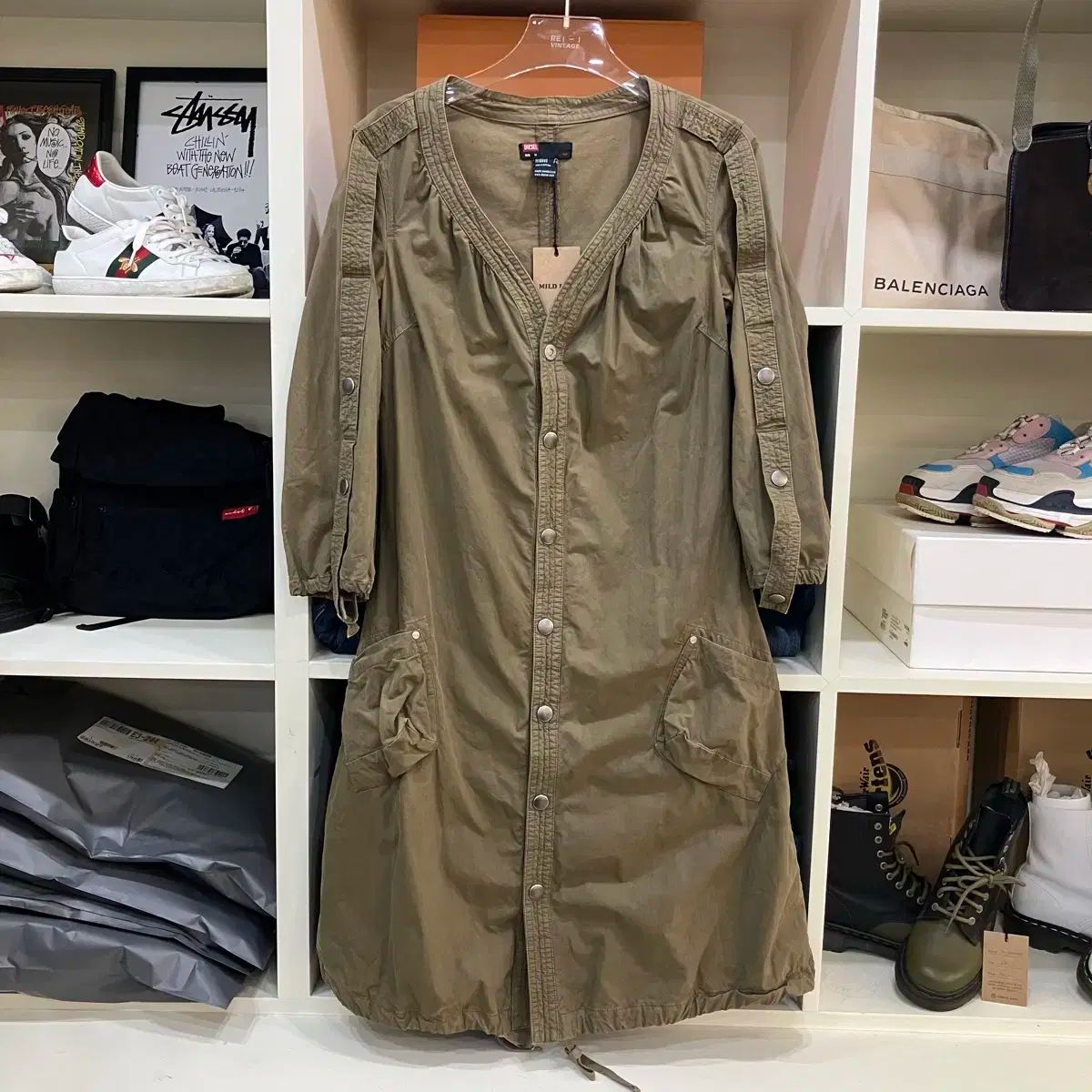 DIESEL カーキ ボタンダウン ロング ワンピース M