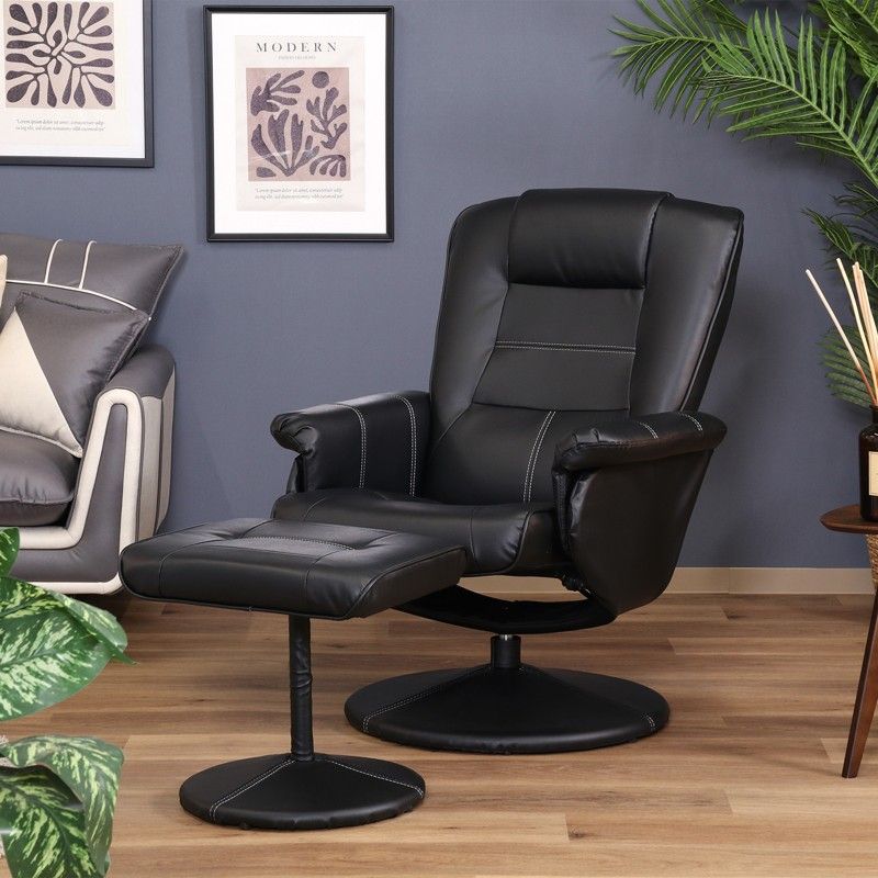 リクライニングチェア パーソナルチェア デスクチェア 肘置き付き オットマン付き 足置き 合皮レザー 書斎 社長椅子 感 黒 ID 015