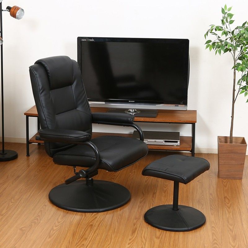 リクライニングチェア パーソナルチェア デスクチェア 肘置き付き オットマン付き 足置き 合皮レザー 書斎 社長椅子 黒 ブラック ID 015