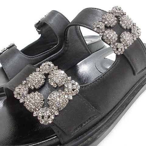 美品/エマフランシス/ビジュー付き黒ダブルベルトサンダル フラット ダブルベルトサンダル （ブラック サテン） -Emma Francis