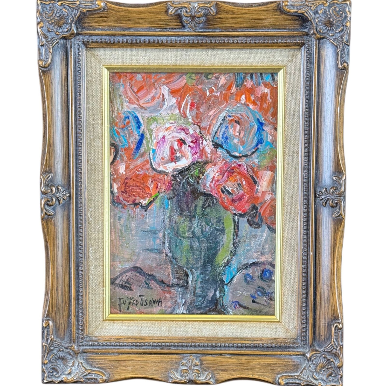 大澤扶二子 薔薇のタンゴ 油彩 SM号 直筆サイン入り 聖画美術会 東京岩手美術会員 師 鶴岡義詮 岩手県出身