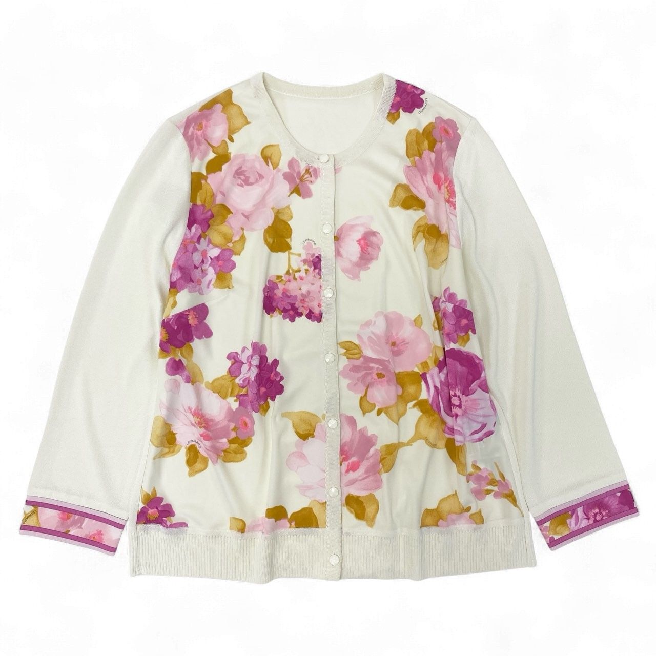 高級★日本製★LEONARD　ロングカーディガン　花柄　カンカン素材　sizeL 38k16 LEONARD レオナール カーディガン カンカン素材 花柄 日本製