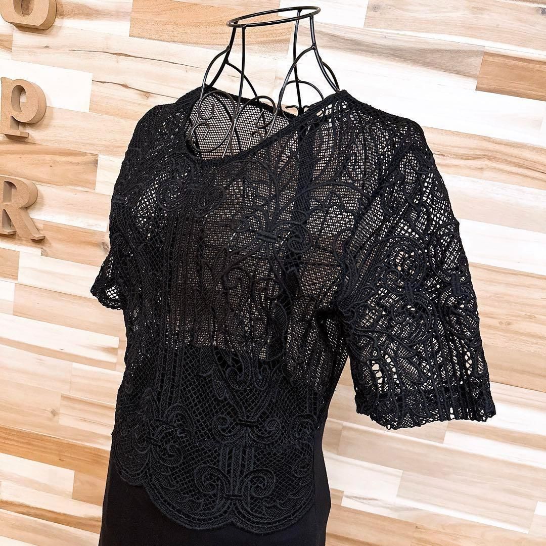  ザラ メッシュ レース ドッキング タイト ドレス ワンピース L 黒 半袖 ひざ丈ワンピース