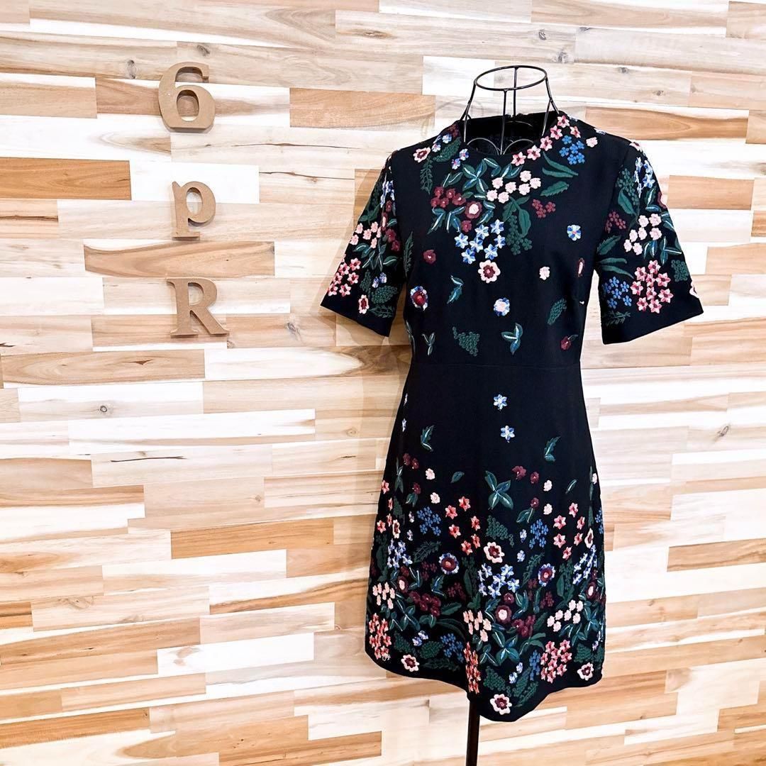 ザラ カラフル 刺繍 花柄 リーフ ワンピース レーヨン ブレンド XS 黒