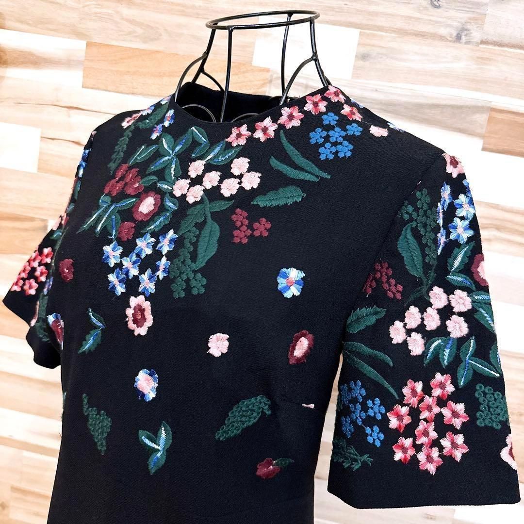 ザラ カラフル 刺繍 花柄 リーフ ワンピース レーヨン ブレンド XS 黒