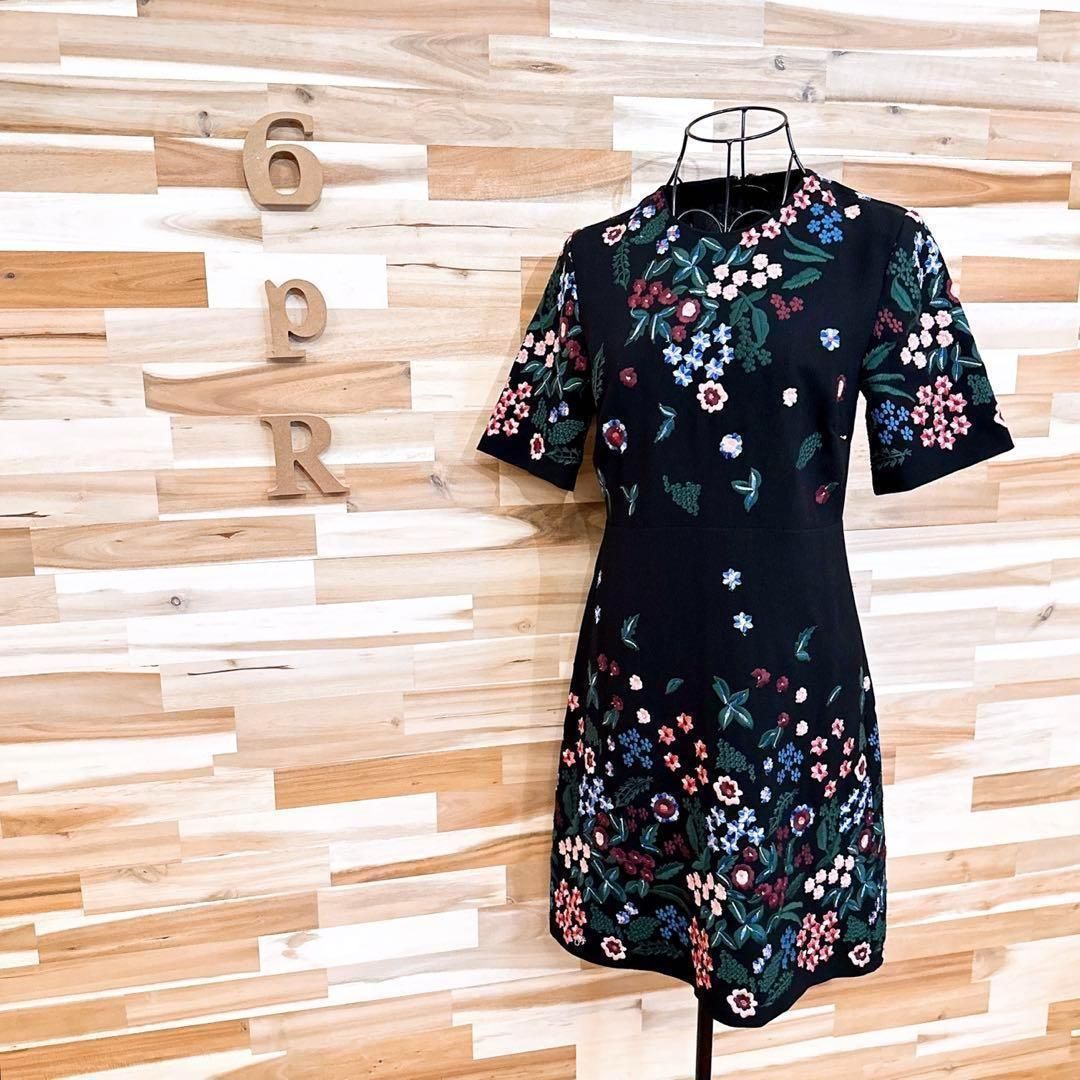  ザラ カラフル 刺繍 花柄 リーフ ワンピース レーヨン ブレンド XS 黒 半袖 ひざ丈ワンピース